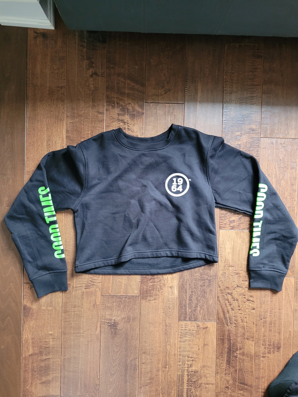 Black Cropped Crewneck Sweatshirt with Green Sleeve Text